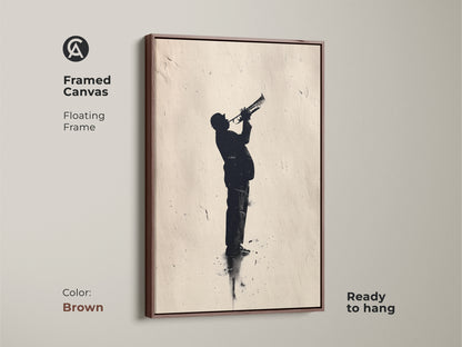 Brown framed canvas art featuring a jazz musician. A silhouette of a man playing the trumpet. Floating frame adds sophistication to the artwork. Add this musical touch to your space.