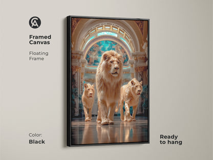 Framed canvas in black color displaying a photorealistic lion family. The floating frame is ready to hang. The beige turquoise and gold tones enhance interiors. This wall artwork brings a touch of savannah grandeur. Lion lovers will enjoy this sophisticated housewarming gift.
