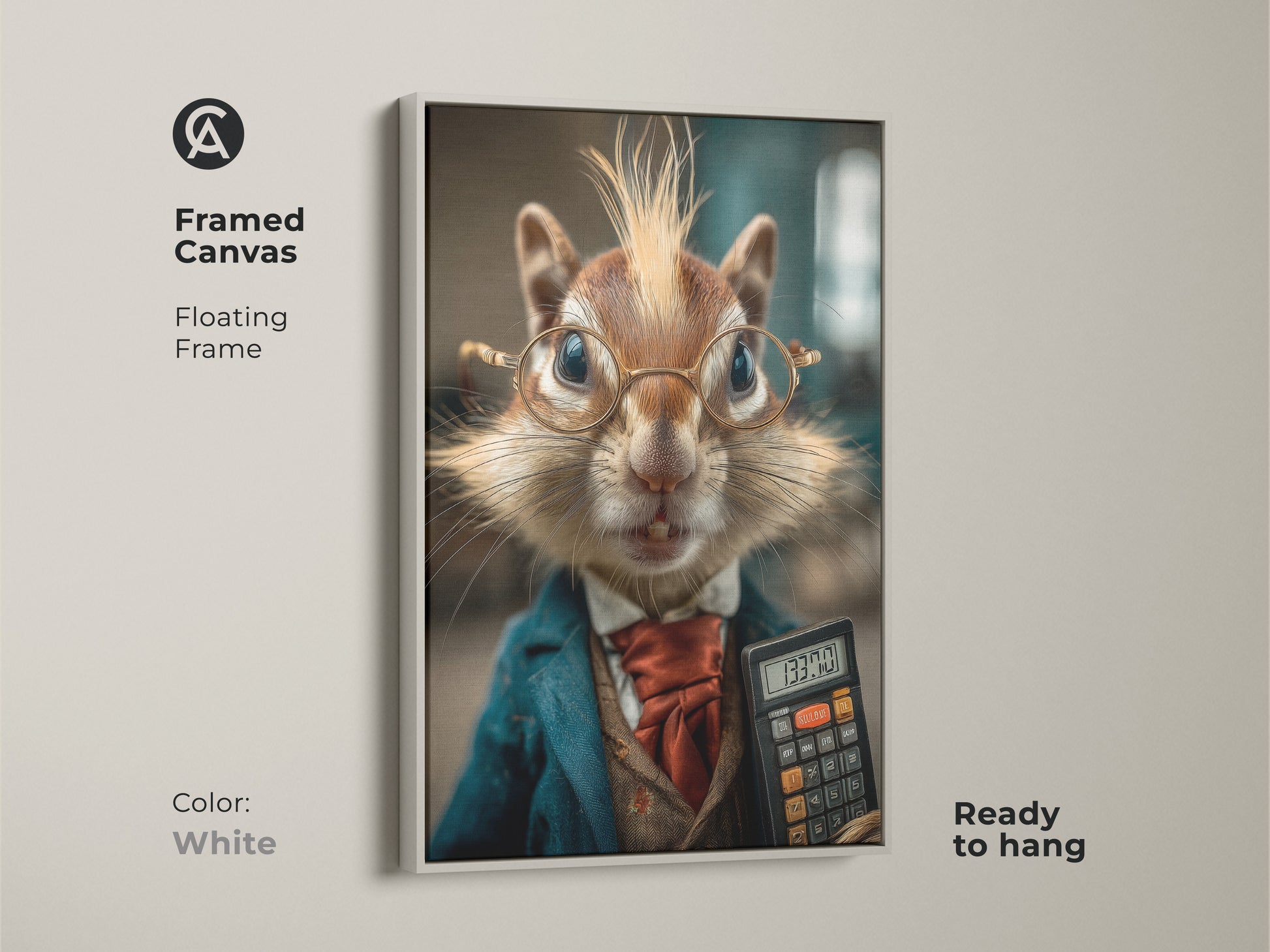 The white floating frame canvas displays an anthropomorphic chipmunk artwork. Shop now for this modern business art. Perfect as funny office wall decor. This is a unique animal print.