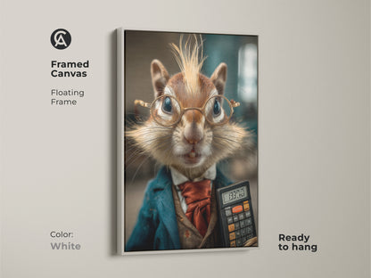 The white floating frame canvas displays an anthropomorphic chipmunk artwork. Shop now for this modern business art. Perfect as funny office wall decor. This is a unique animal print.