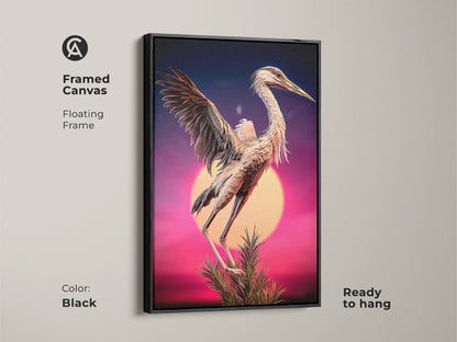A framed canvas of surreal heron art. The floating frame enhances the purple blue pink sunset in this wildlife artwork. This eclectic bird wall art adds sophistication to any room. The heron print serves as an ideal gift for bird lovers. Add a touch of nature to your home.