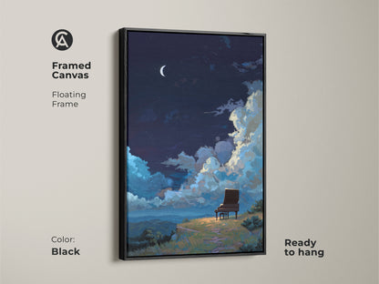 Framed canvas with floating frame in black showcasing celestial piano artwork. This blue teal landscape print is ready to hang. A perfect artistic piano painting for any room.
