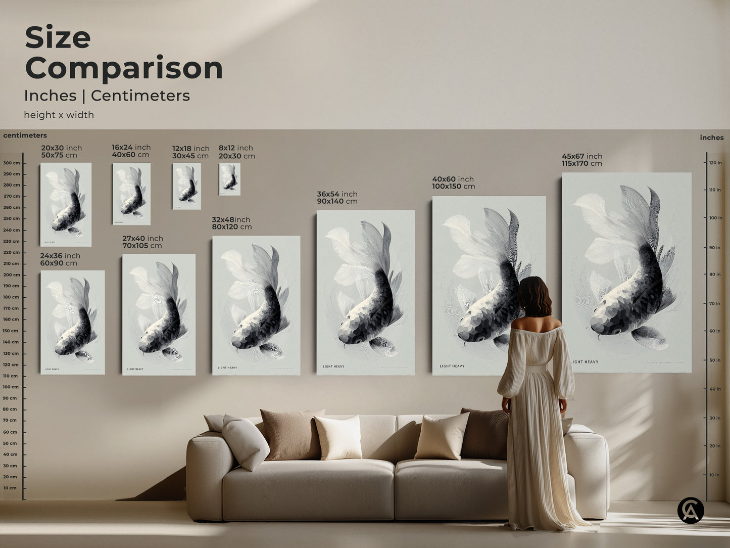 Size comparison of koi fish artwork in inches and centimeters. Visualize how different sizes fit in your living room. From small to extra-large find the perfect scale for your space. Elevate your home decor with stunning fish art. Choose the right size to transform your walls.