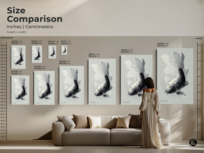 Size comparison of koi fish artwork in inches and centimeters. Visualize how different sizes fit in your living room. From small to extra-large find the perfect scale for your space. Elevate your home decor with stunning fish art. Choose the right size to transform your walls.
