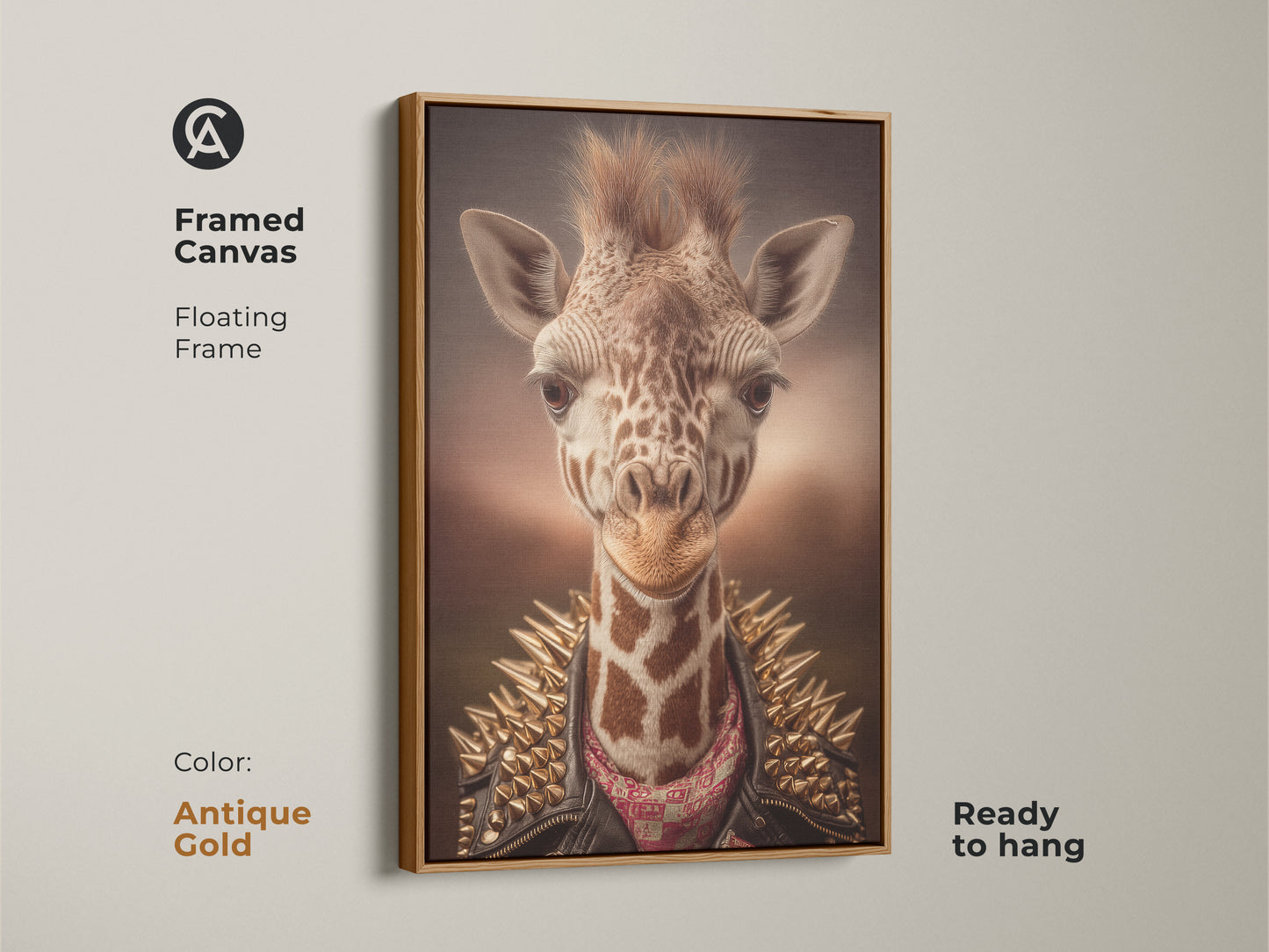 Framed canvas with a floating frame showcasing rockstar animal print. The antique gold frame highlights the tan gold brown artwork. This studded jacket wall art is ready to hang. It's a cool wall art piece for eclectic spaces and perfect for a quirky office art.