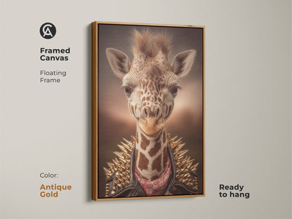 Framed canvas with a floating frame showcasing rockstar animal print. The antique gold frame highlights the tan gold brown artwork. This studded jacket wall art is ready to hang. It's a cool wall art piece for eclectic spaces and perfect for a quirky office art.