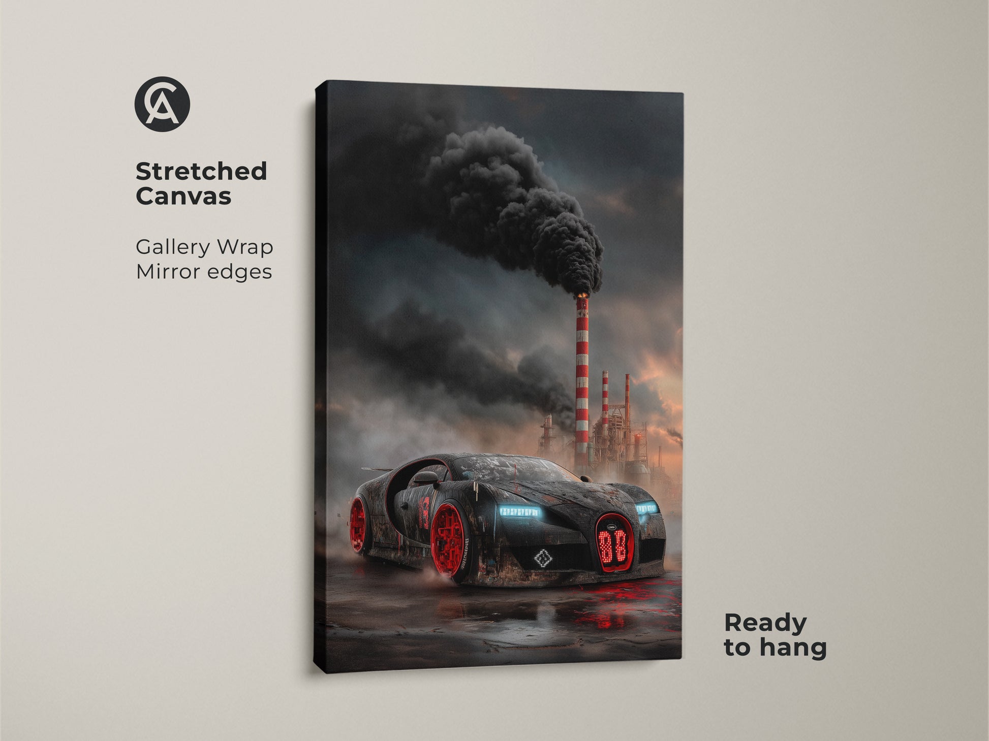 This stretched canvas features a cyberpunk supercar print. The dark industrial car artwork showcases a black and red vehicle against smokestacks. It's a gallery wrap with mirrored edges. The canvas is ready to hang. It's perfect for automotive office art or garage man cave decor. This is a cool gift for car enthusiasts.