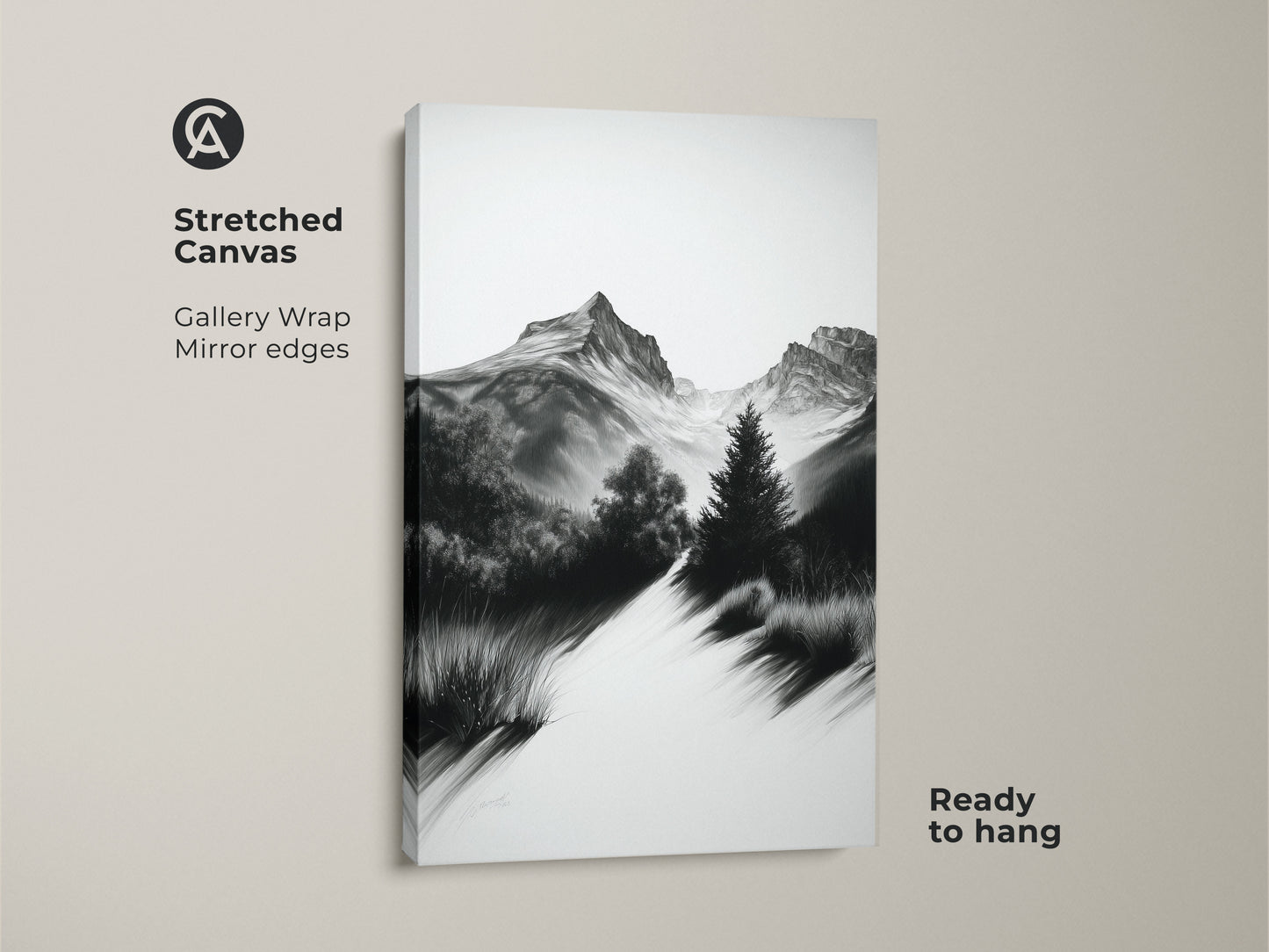 Stretched canvas monochrome mountain art. This black and white landscape print features a scenic hiking trail. Ideal gift decor for outdoor lovers with a modern farmhouse aesthetic. Ready to hang.