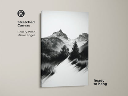 Stretched canvas monochrome mountain art. This black and white landscape print features a scenic hiking trail. Ideal gift decor for outdoor lovers with a modern farmhouse aesthetic. Ready to hang.