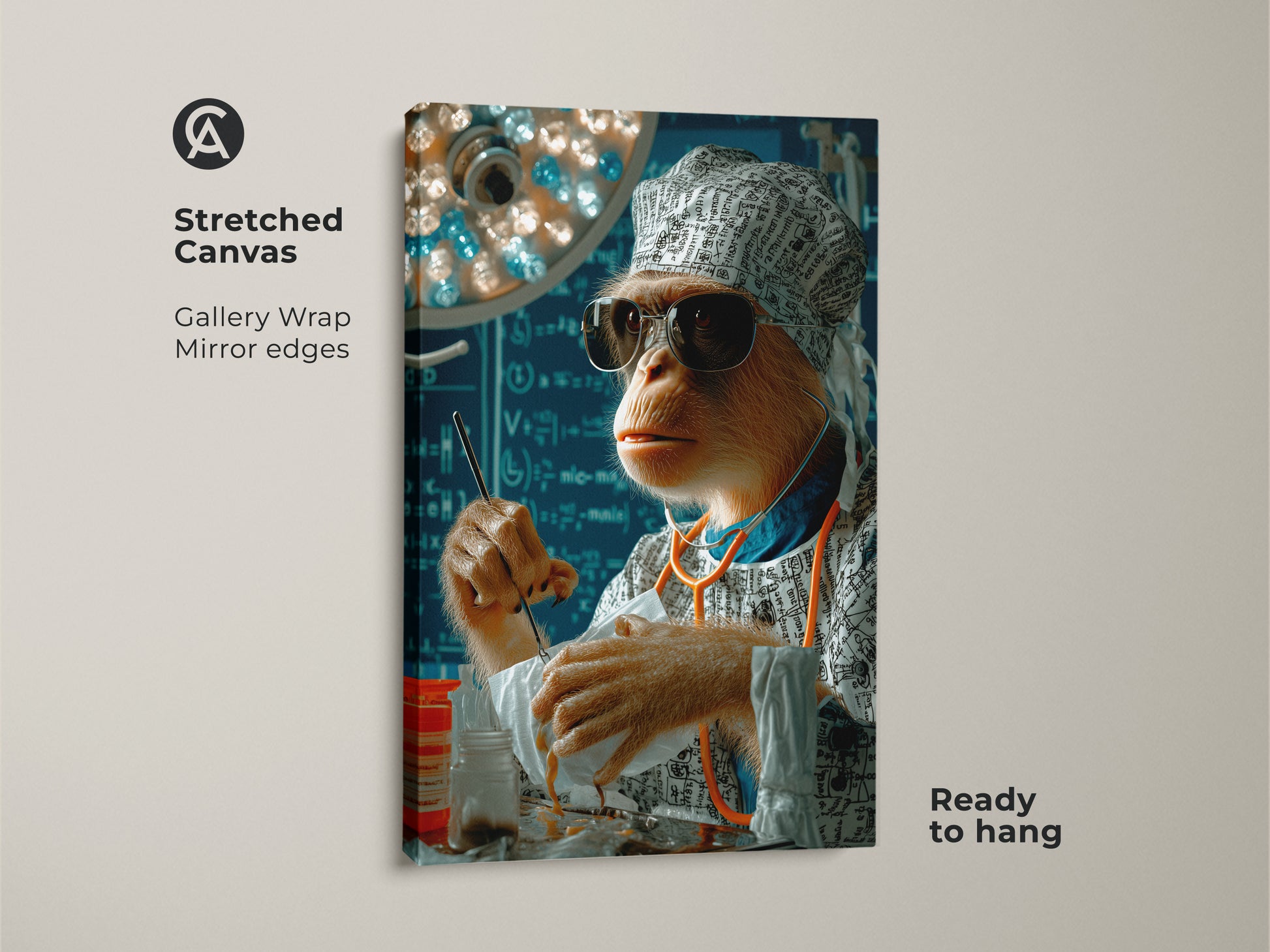 Close-up of a stretched canvas art print showcasing a surreal surgeon monkey. Gallery wrapped with mirror edges. Ready to hang. This funny doctor gift idea features medical humor wall art. Ideal for vet clinics or doctor's office wall decor. This animal artwork has brown orange and blue tones.