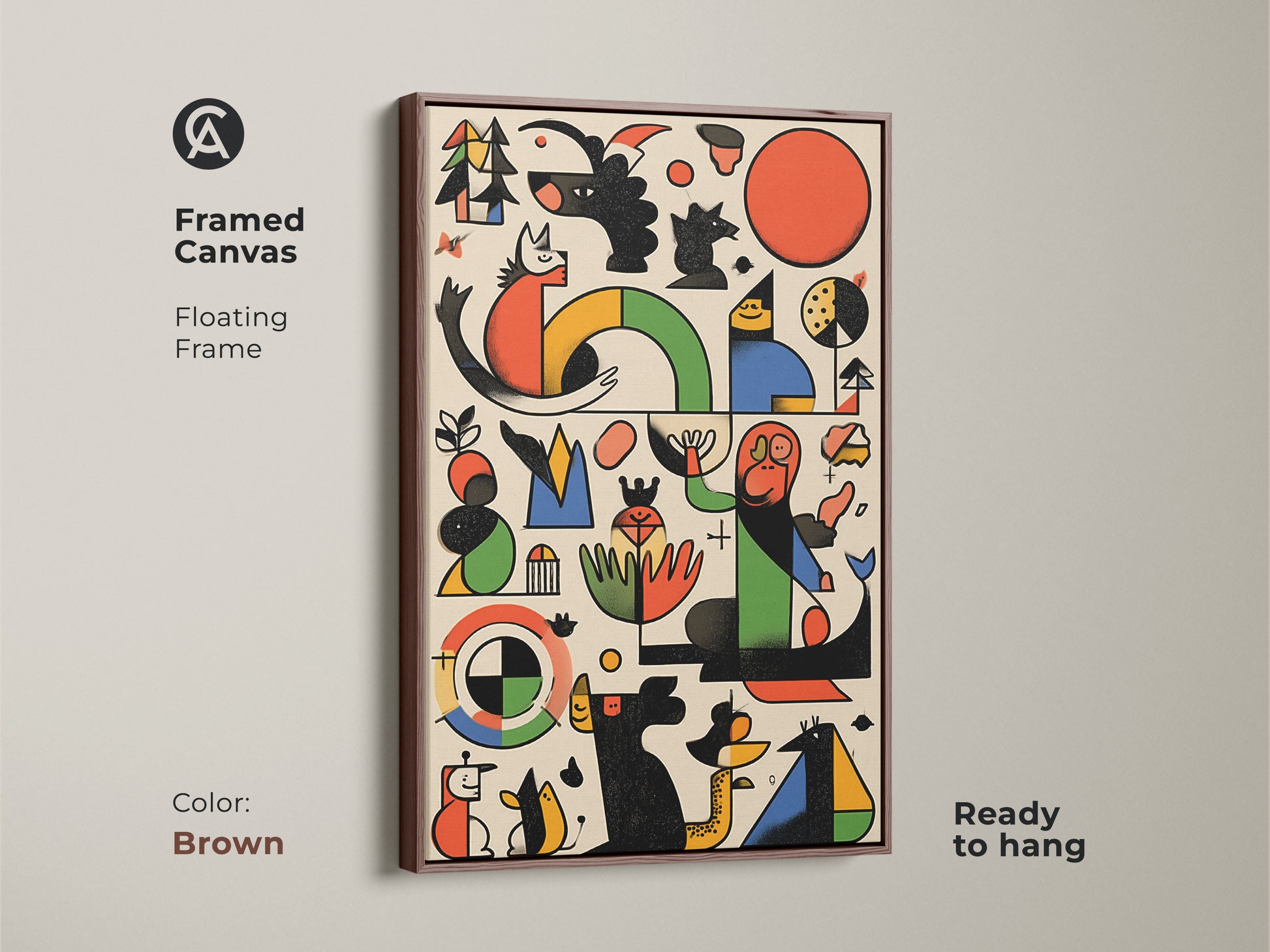 Framed canvas in brown displaying Mid-Century Modern artwork. Abstract geometric shapes form a dog and bird. This Bauhaus style art is ready to hang. Floating frame enhances the vibrant red orange and green.