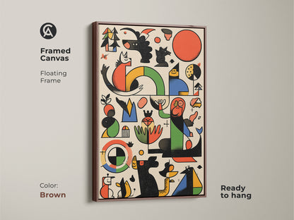 Framed canvas in brown displaying Mid-Century Modern artwork. Abstract geometric shapes form a dog and bird. This Bauhaus style art is ready to hang. Floating frame enhances the vibrant red orange and green.