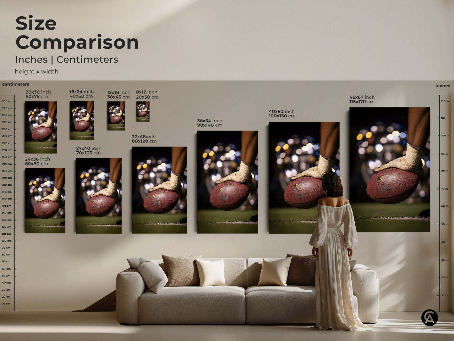 Size comparison for football artwork in inches and centimeters. Visualize how different sizes fit above a sofa. Options range from small to large. Enhance your living room or man cave with impactful sports decor. Find the perfect action shot canvas print today.
