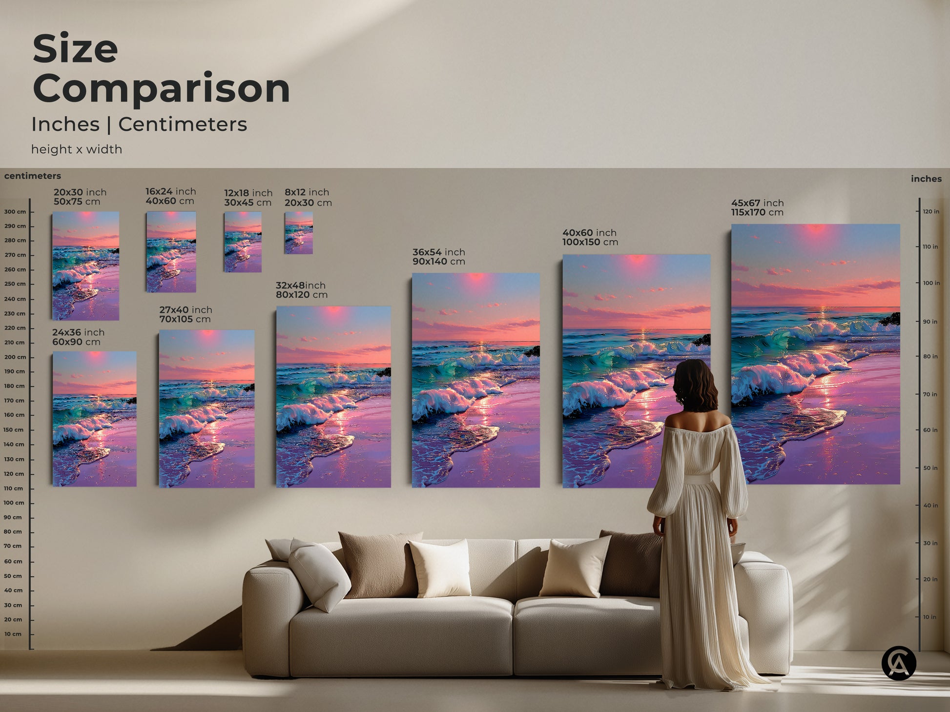 Size comparison of dreamy ocean sunset prints. Inches and centimeters shown for various canvas and poster sizes. Ideal for coastal home decor. Pink purple teal wall art.