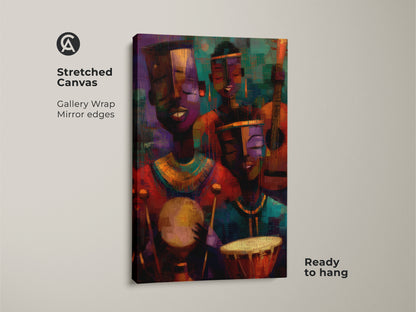 Stretched canvas featuring abstract expressionism wall art. A deep purple orange and teal color palette enhances this eclectic home decor. Ready to hang with gallery wrap mirror edges. This tribal musicians canvas print is a unique housewarming gift for music lovers. The vibrant artwork adds an artistic touch to any room.