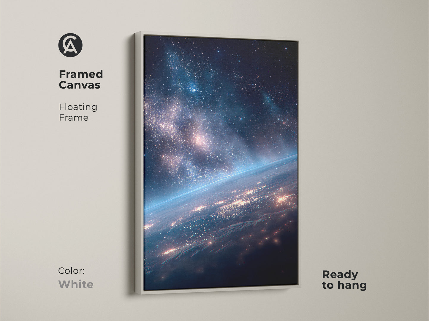 Framed canvas featuring Earth from space. This floating frame canvas is ready to hang. The white frame makes the space artwork pop. This framed art is a clean choice for your modern home.