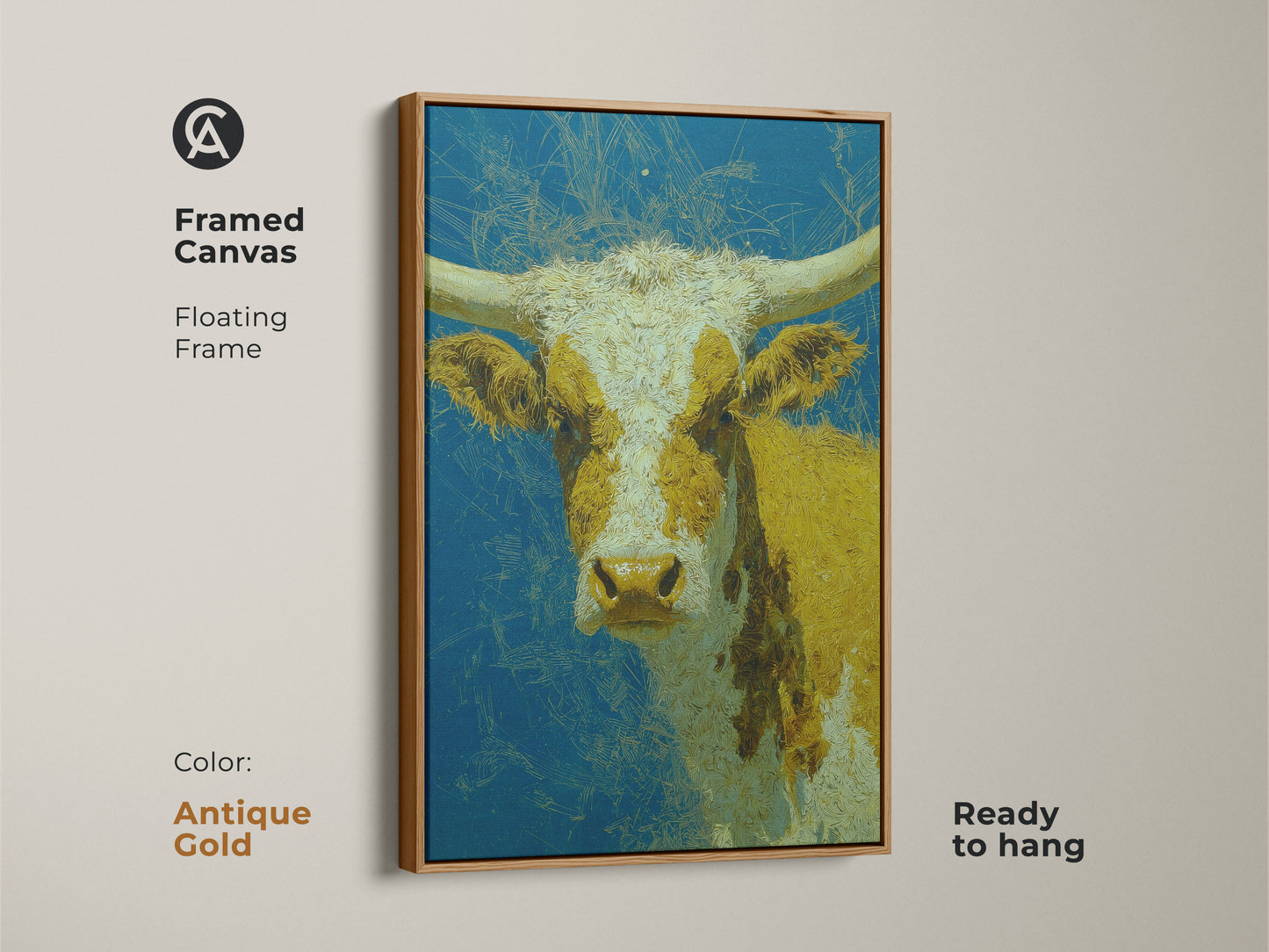 Framed canvas art of a longhorn cow with yellow and white markings. The cow artwork has a blue background with abstract scratch marks. This ready to hang art is a floating frame in antique gold. It is a great addition to any art collection.