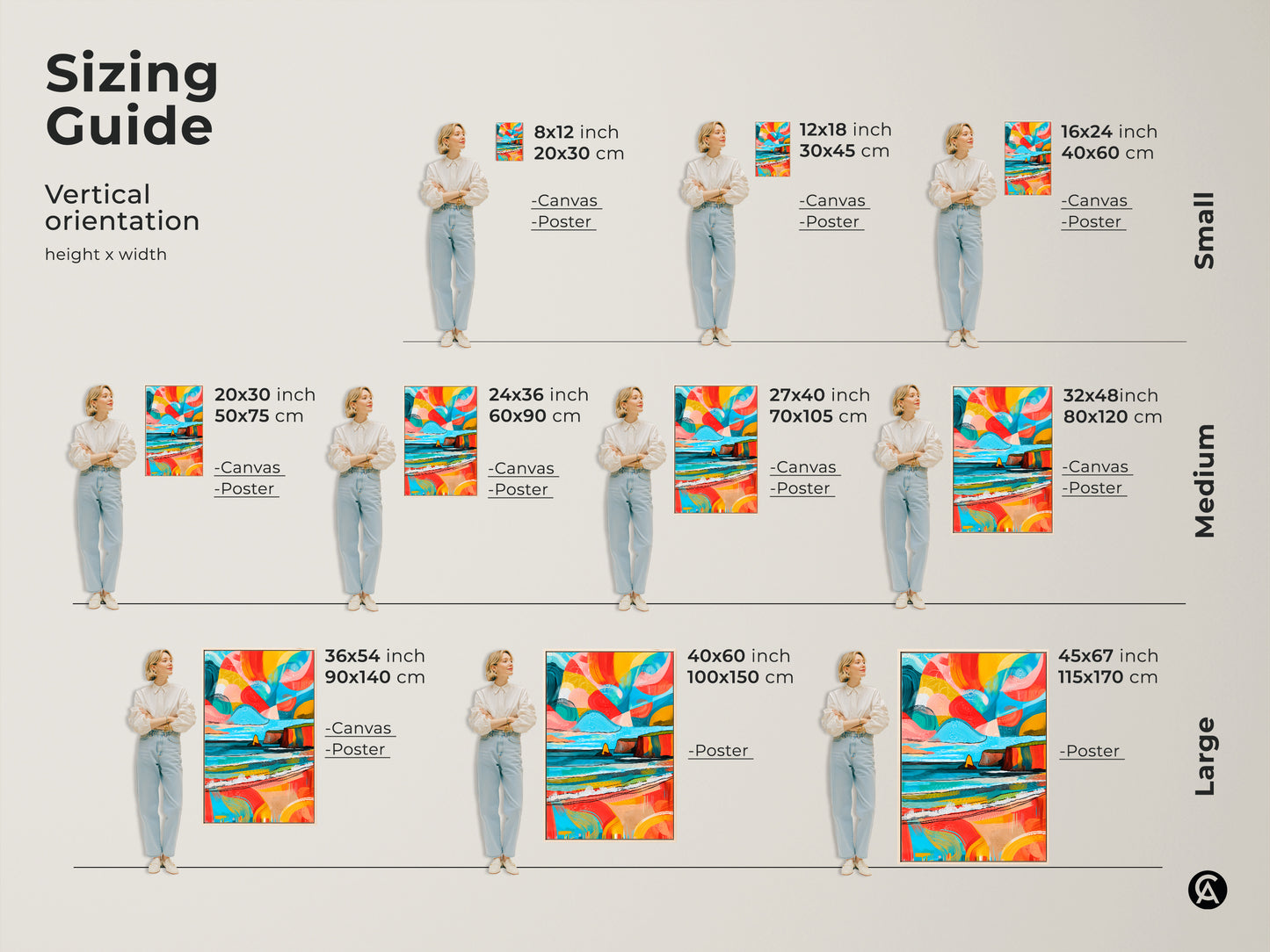 Sizing guide for vertical abstract coastal canvas and posters. Available in small medium and large sizes. Find the perfect fit for your home or eclectic beach house. Enhance your walls with vibrant teal yellow and coral art.