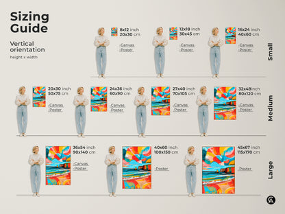 Sizing guide for vertical abstract coastal canvas and posters. Available in small medium and large sizes. Find the perfect fit for your home or eclectic beach house. Enhance your walls with vibrant teal yellow and coral art.