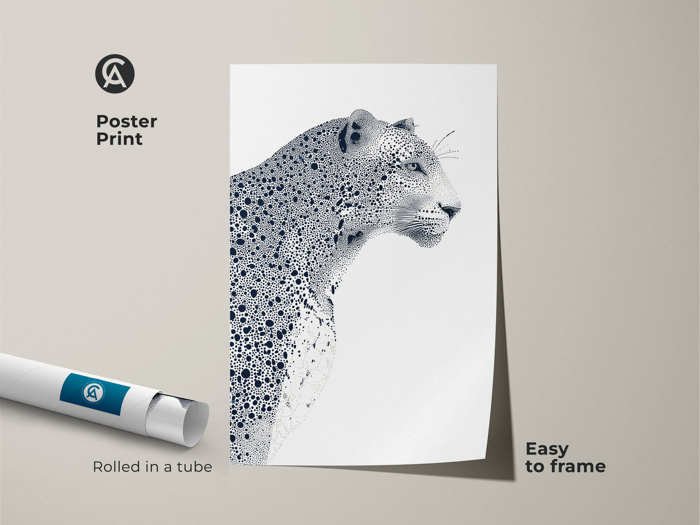 Poster print of a leopard art illustration. This wildlife artwork is easy to frame. The black and white stippling artwork is rolled in a tube for protection. A stylish and affordable way to bring nature-inspired art into your space.