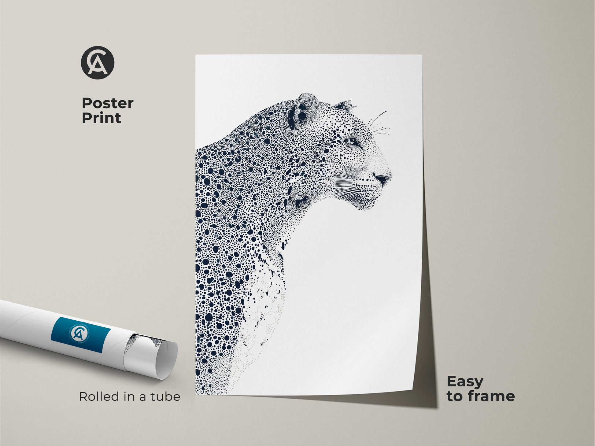 Poster print of a leopard art illustration. This wildlife artwork is easy to frame. The black and white stippling artwork is rolled in a tube for protection. A stylish and affordable way to bring nature-inspired art into your space.