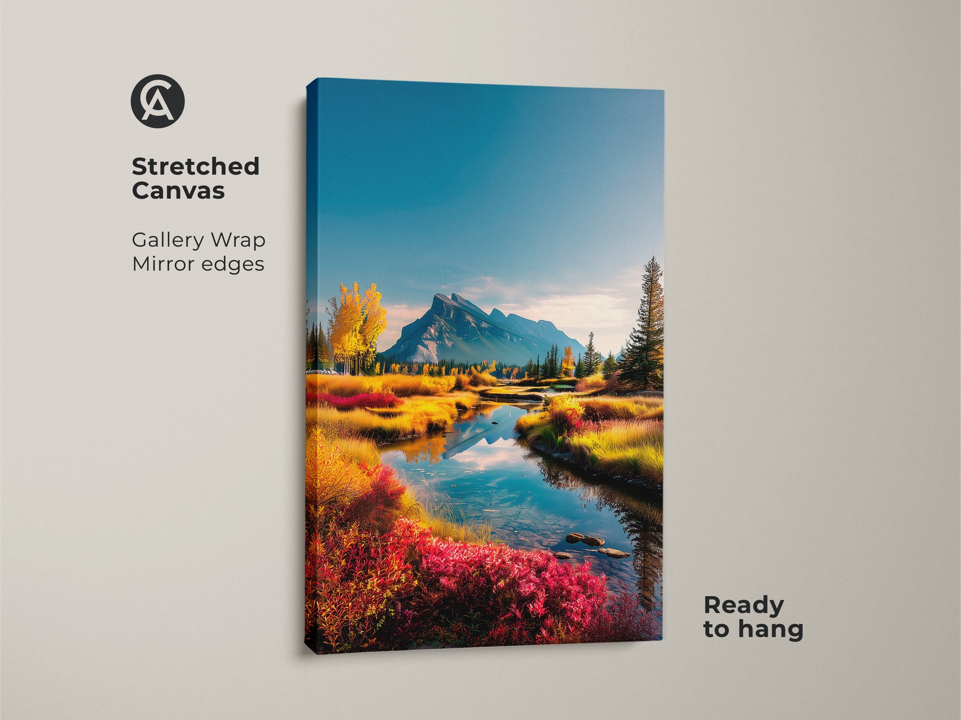 Stretched canvas art of a mountain river. This gallery-wrapped canvas showcases mirror edges. It arrives ready to hang. The scenic landscape adds natural beauty to any room.