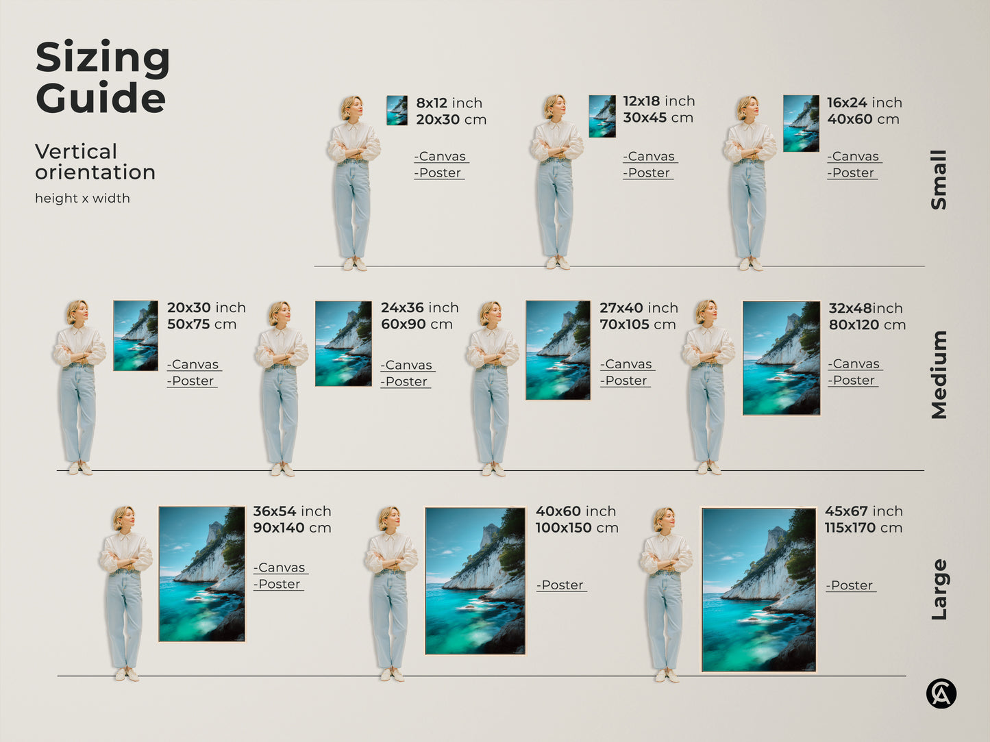 Sizing guide for vertical orientation prints with models displaying 8x12 inch to 45x67 inch artworks. Featuring coastal cliff canvas and poster prints. The art is perfect for adding azure ocean charm to any room size from small to large.