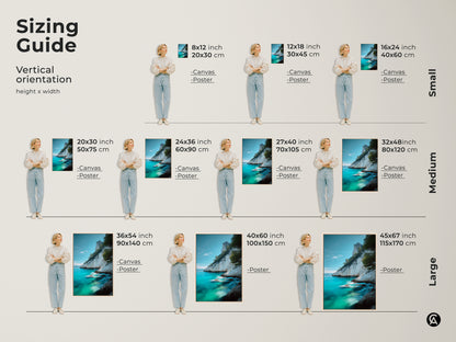 Sizing guide for vertical orientation prints with models displaying 8x12 inch to 45x67 inch artworks. Featuring coastal cliff canvas and poster prints. The art is perfect for adding azure ocean charm to any room size from small to large.