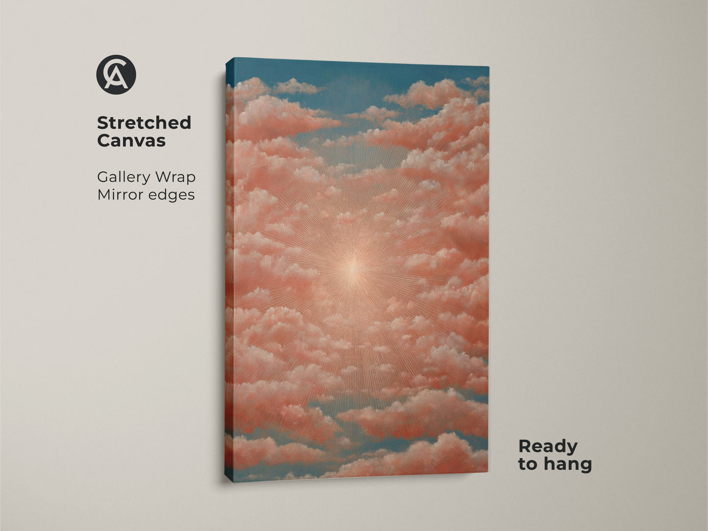This coral pink blue canvas art displays a dreamy surreal sunset. The art print is perfect spiritual bedroom decor. It is a great housewarming gift artwork. Consider this boho aesthetic wall art.