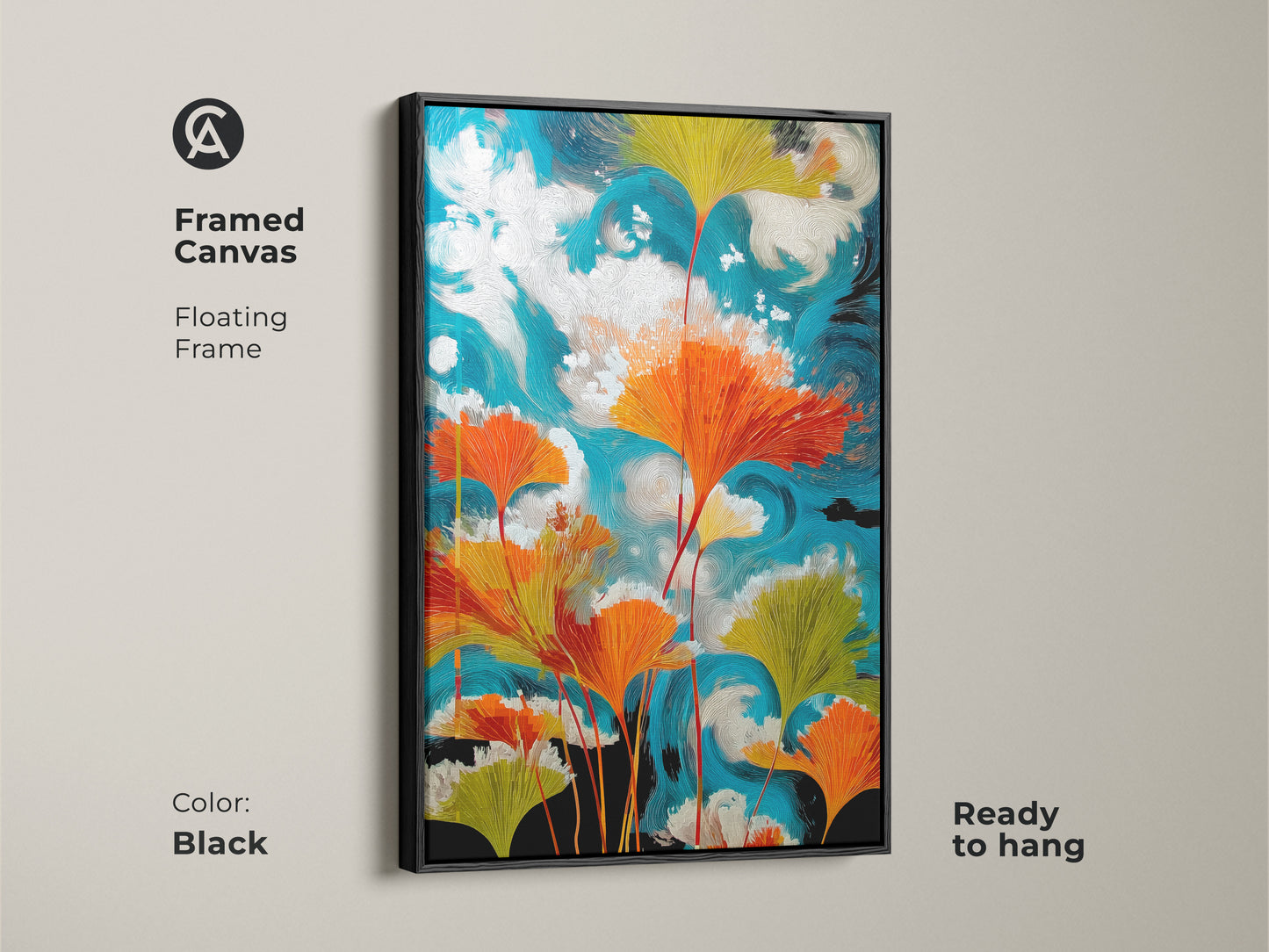 Framed canvas features abstract ginkgo leaves artwork in a black floating frame. Teal orange botanical canvas creates a swirling sky. A modern nature artwork offers eclectic home decor that is ready to hang. Enhance your bedroom or office with vibrant plant lover wall art.