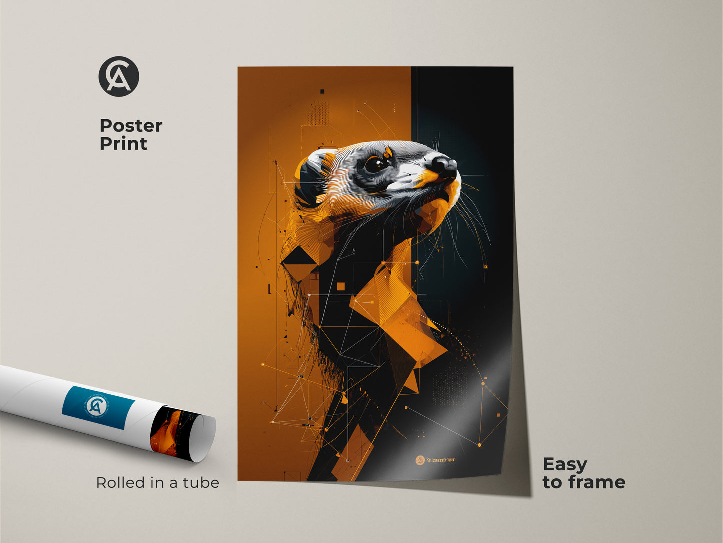 Modern ferret poster print rolled in a tube for easy framing. Gold orange and black geometric animal art is ideal for minimalist animal lovers who want unique study wall decor.