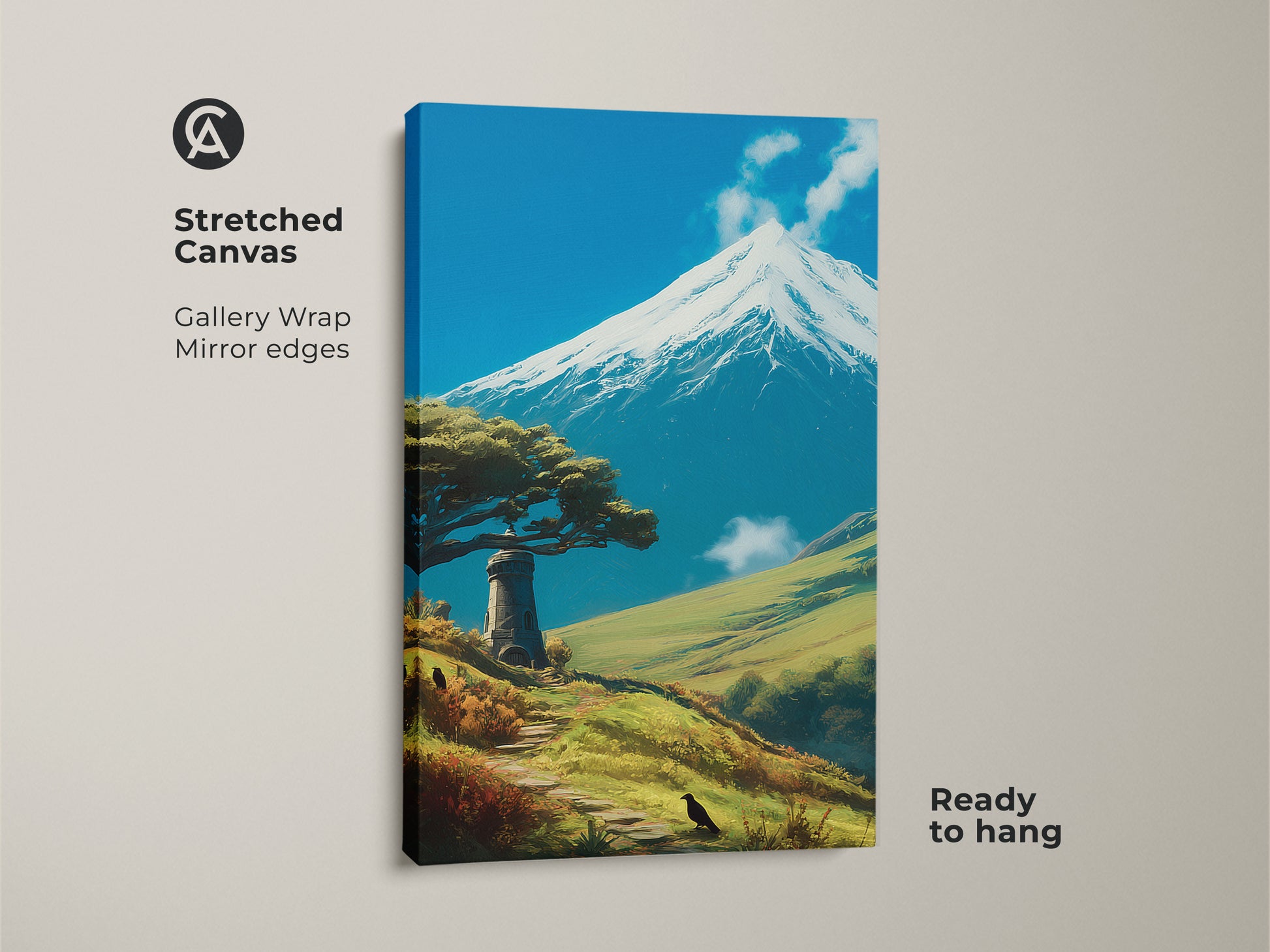 Stretched canvas showcasing mountain lighthouse art. The scenic landscape print captures nature's beauty. Blue sky wall art brings a contemporary touch to home decor. A nature travel artwork is ready to hang with gallery wrapped mirror edges. Ideal for adding an adventure themed coastal lighthouse decor.