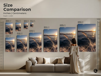 Compare sizes of the dolphin sunset canvas art to envision the perfect fit for your space. From 20x30 cm to 45x67 inch this ocean art suits various rooms. The image demonstrates how the sizes look above a couch. Ideal for adding a coastal touch to any living room or bedroom.