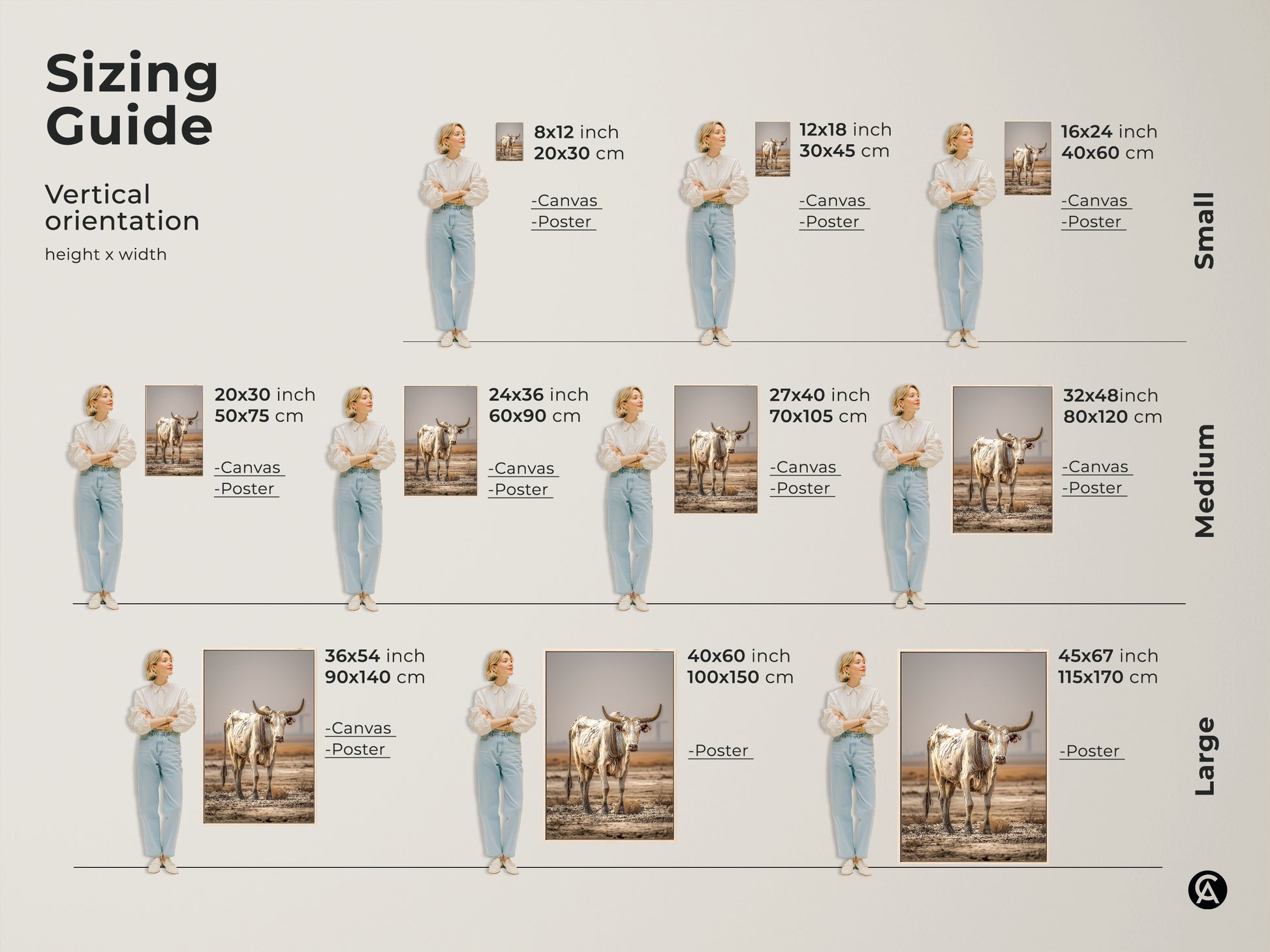 A sizing guide shows a vertical orientation. The height and width are displayed next to a model. The cream and brown bull artwork is available in various sizes. Select the perfect farmhouse animal wall art for your space. The rustic cow wall decor enhances any room.