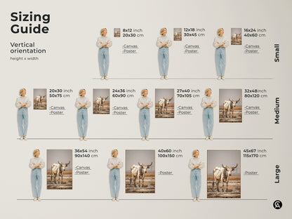 A sizing guide shows a vertical orientation. The height and width are displayed next to a model. The cream and brown bull artwork is available in various sizes. Select the perfect farmhouse animal wall art for your space. The rustic cow wall decor enhances any room.
