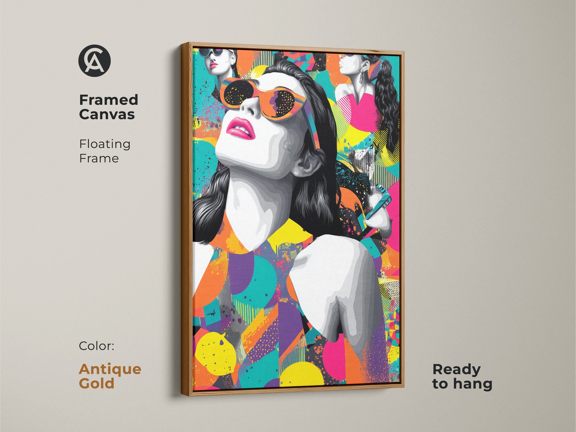 Framed canvas of a pop art woman with retro sunglasses. The eclectic abstract artwork has an antique gold floating frame. It's ready to hang. The magenta orange and teal colors are vibrant.