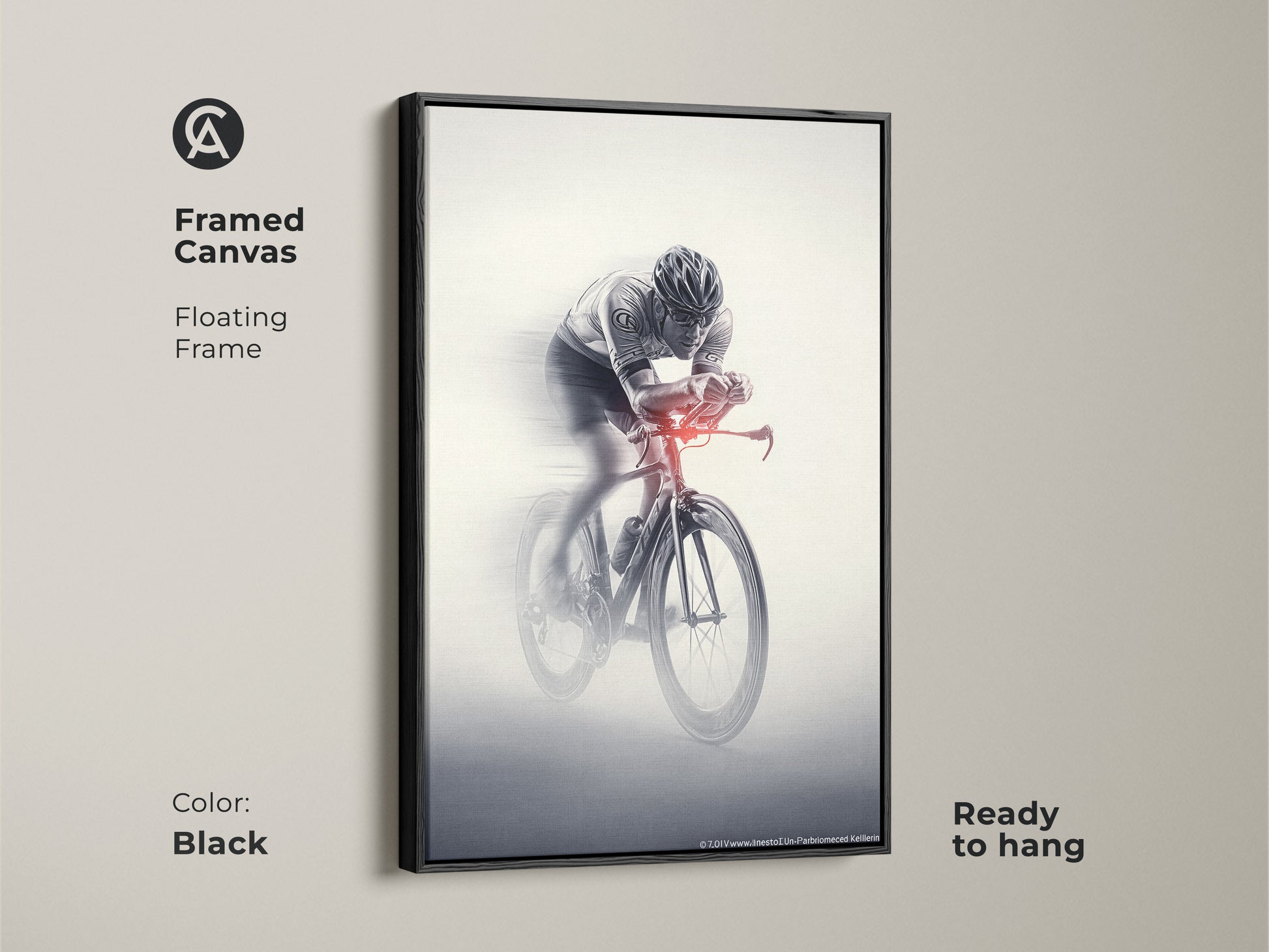 Framed canvas of a cyclist in motion. This floating frame is in black. The monochrome action art is ready to hang. This sports speed wall art is dynamic. A perfect piece for office workplace art. Its a great gift for a cyclist.