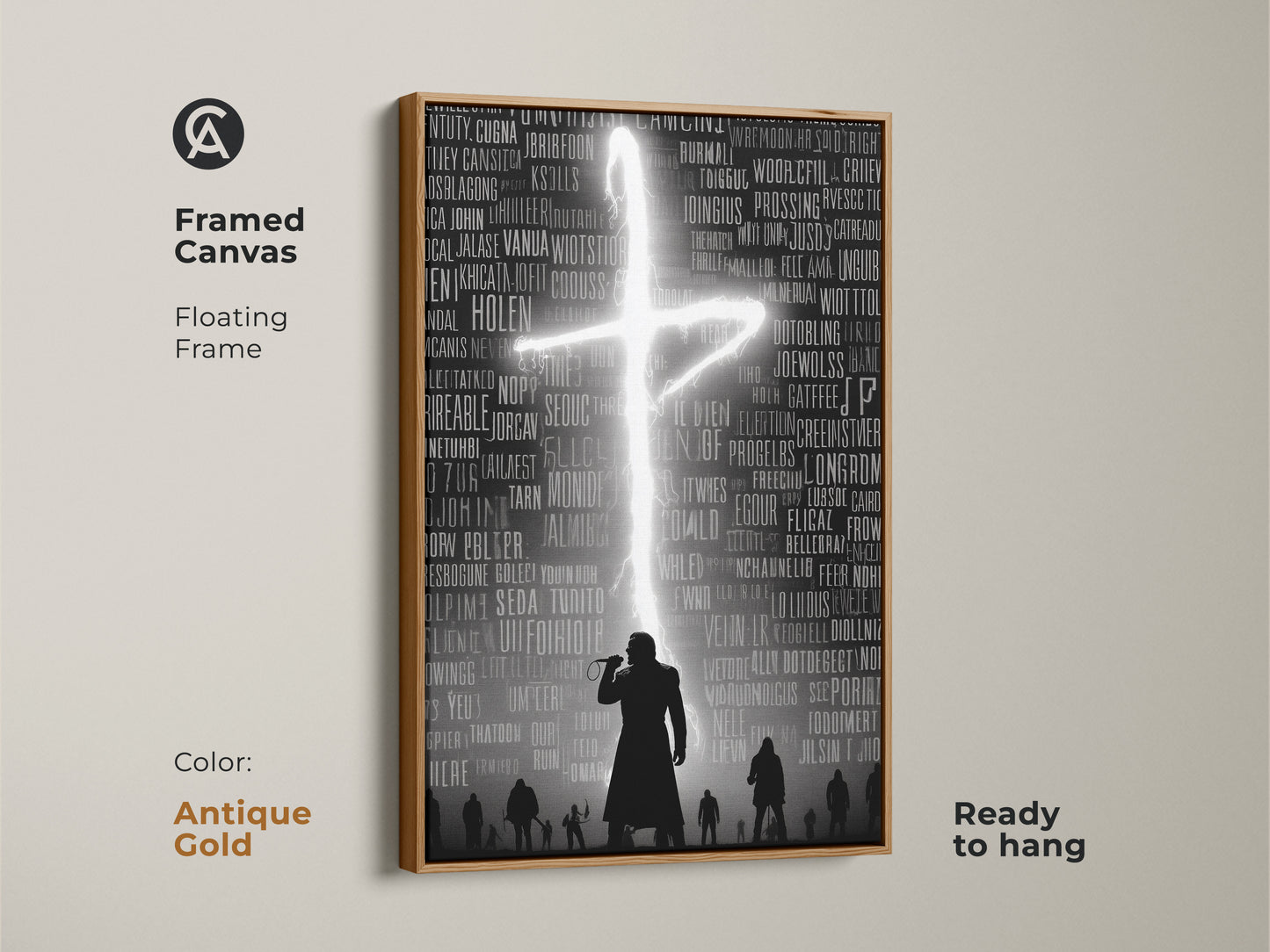 Framed canvas with music typography. The gothic singer silhouette artwork with a floating frame is ready to hang. It's a hip hop concert poster. The dark academia art print has a frame in antique gold. The neon cross adds a unique touch. It's a great gift for music lovers.