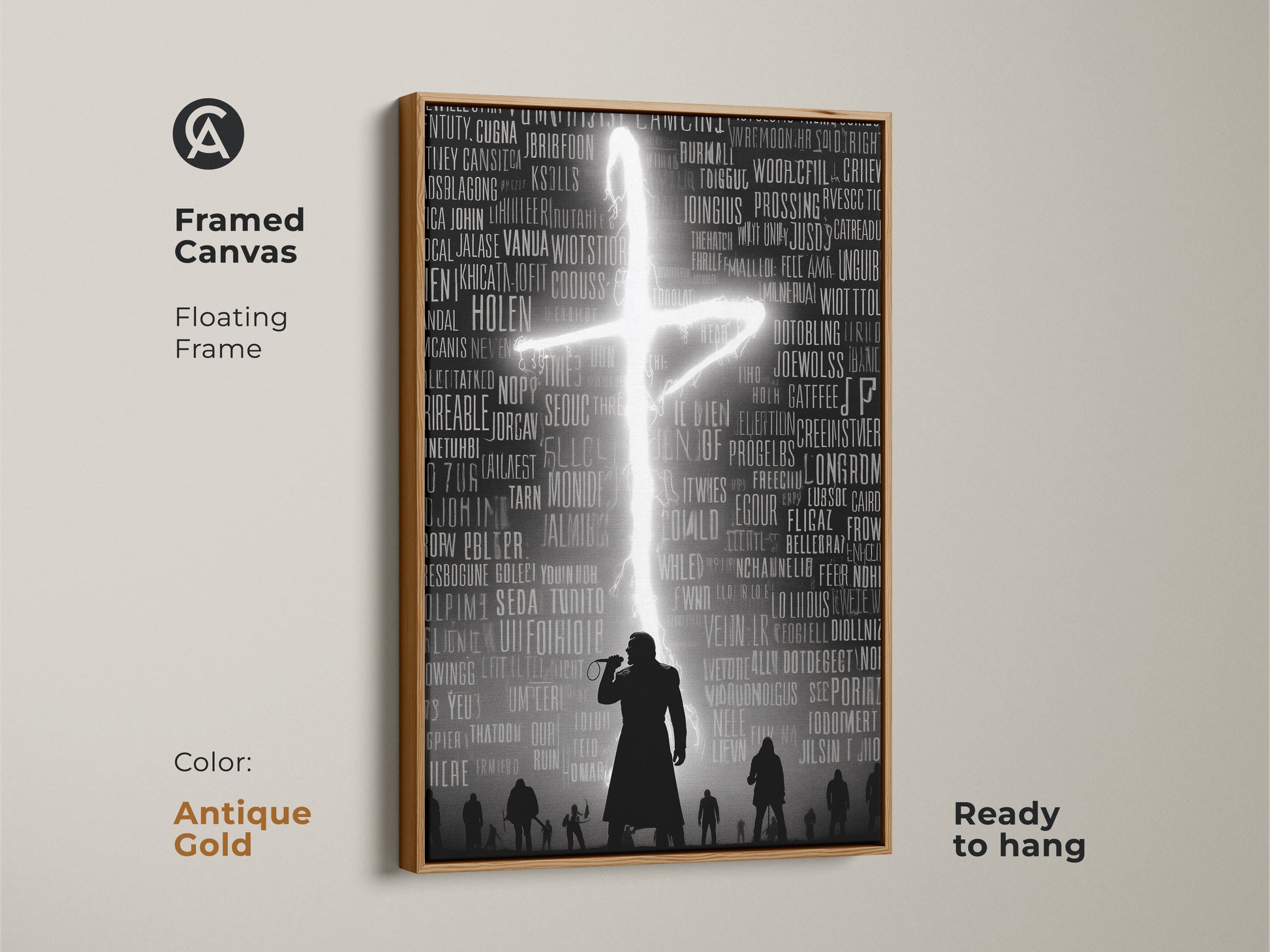 Framed canvas with music typography. The gothic singer silhouette artwork with a floating frame is ready to hang. It's a hip hop concert poster. The dark academia art print has a frame in antique gold. The neon cross adds a unique touch. It's a great gift for music lovers.