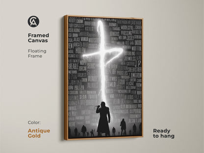 Framed canvas with music typography. The gothic singer silhouette artwork with a floating frame is ready to hang. It's a hip hop concert poster. The dark academia art print has a frame in antique gold. The neon cross adds a unique touch. It's a great gift for music lovers.