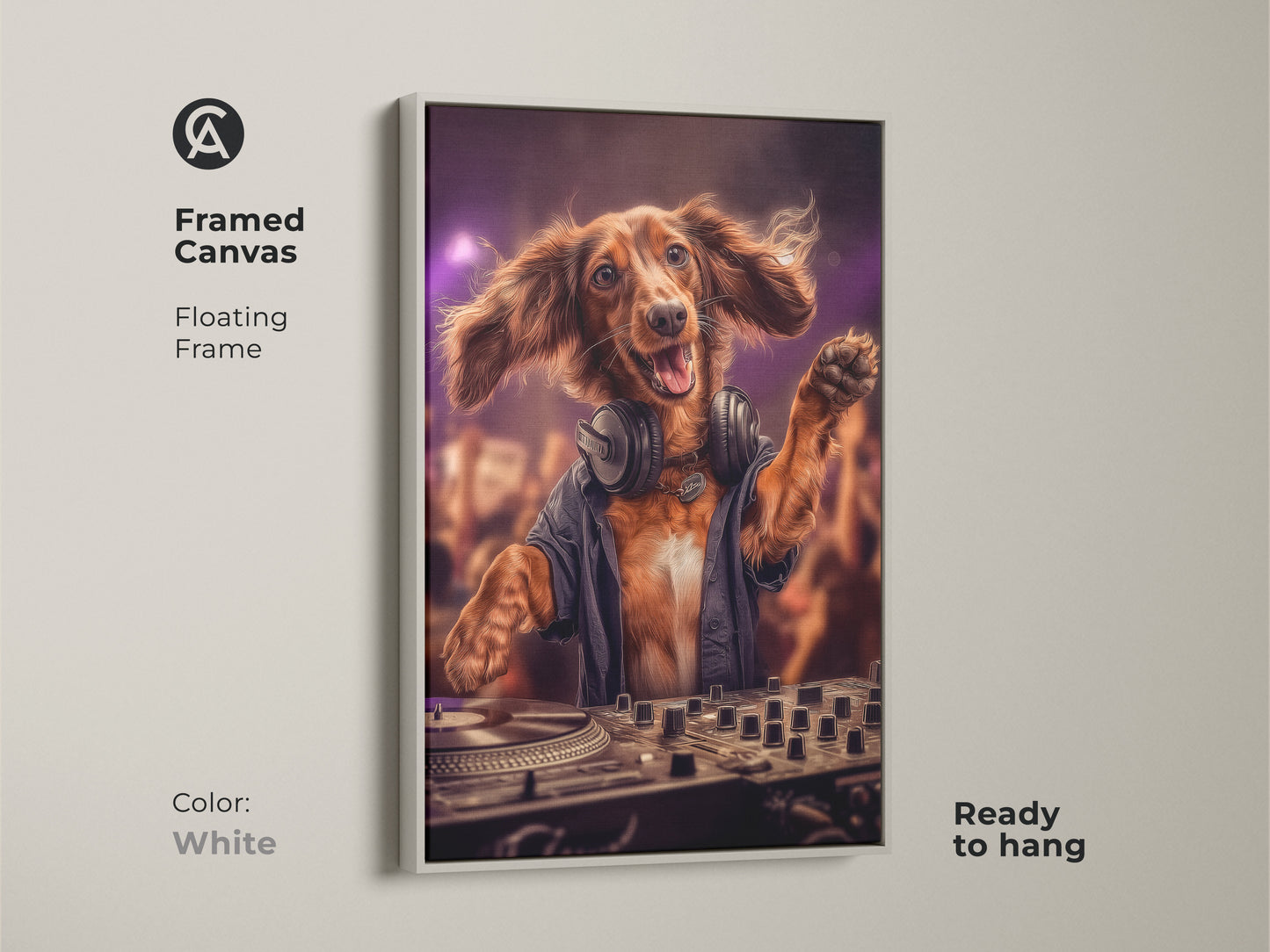 Dog DJ framed canvas with a white floating frame. This canvas print is ready to hang. The brown Dachshund is DJing at a party with purple lighting. It makes unique wall decor for music enthusiasts and dog lovers. It will be sure to add an eclectic touch to your space.