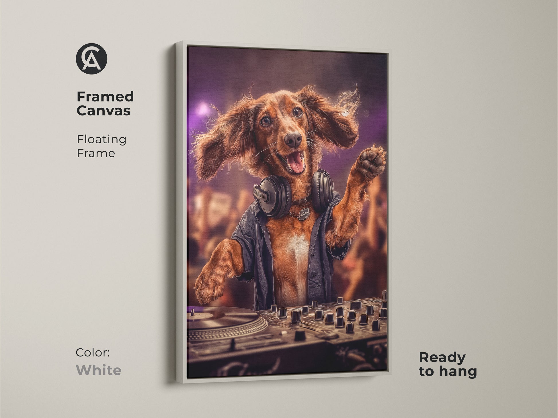 Dog DJ framed canvas with a white floating frame. This canvas print is ready to hang. The brown Dachshund is DJing at a party with purple lighting. It makes unique wall decor for music enthusiasts and dog lovers. It will be sure to add an eclectic touch to your space.