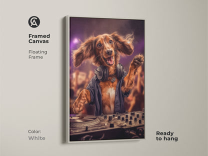 Dog DJ framed canvas with a white floating frame. This canvas print is ready to hang. The brown Dachshund is DJing at a party with purple lighting. It makes unique wall decor for music enthusiasts and dog lovers. It will be sure to add an eclectic touch to your space.