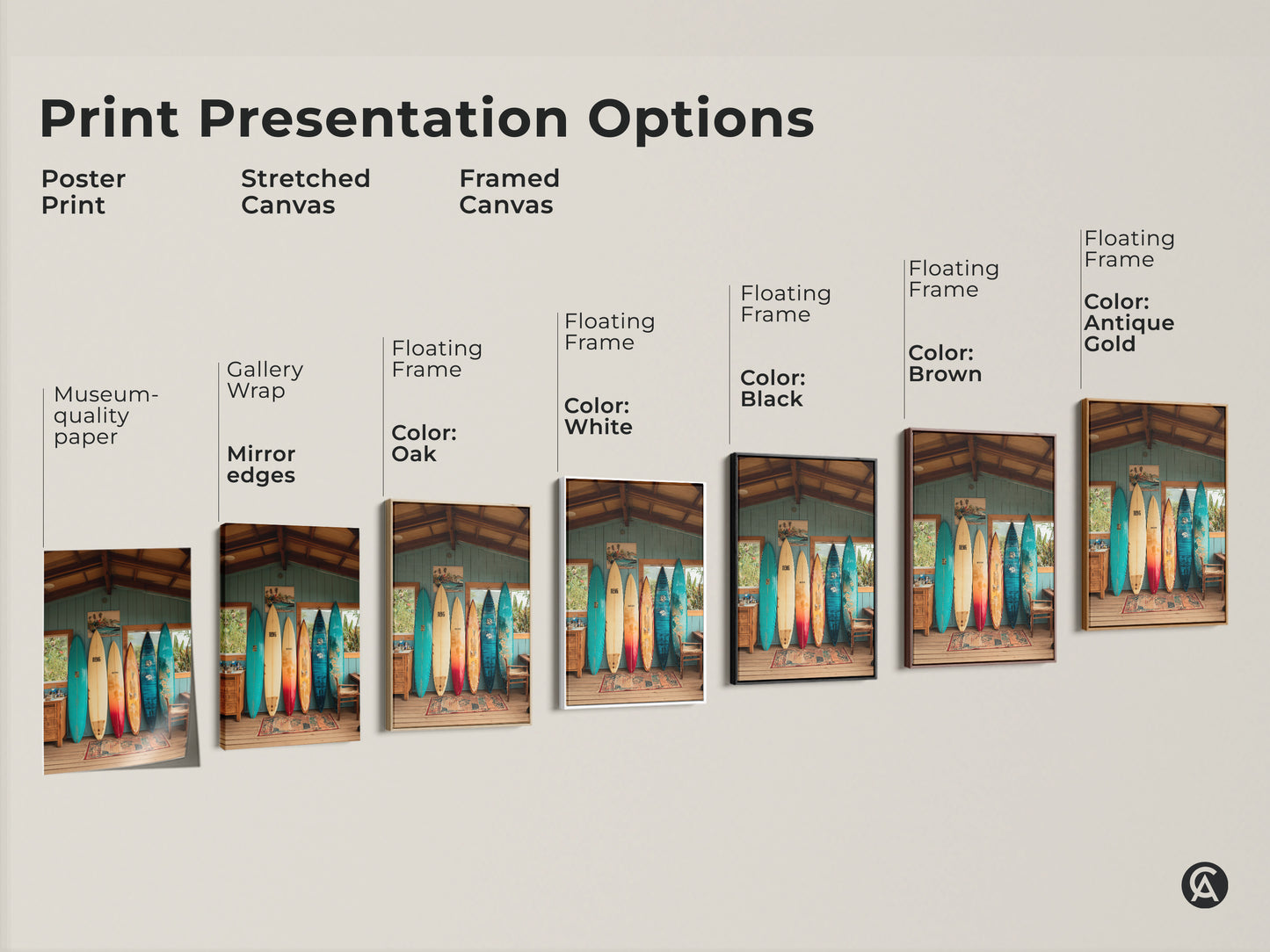 Explore print presentation options for surfboard beach house artwork. Choose from poster prints on museum-quality paper. Consider stretched canvas with gallery wrap and mirror edges. Framed canvas with floating frames available in colors white black brown and antique gold.