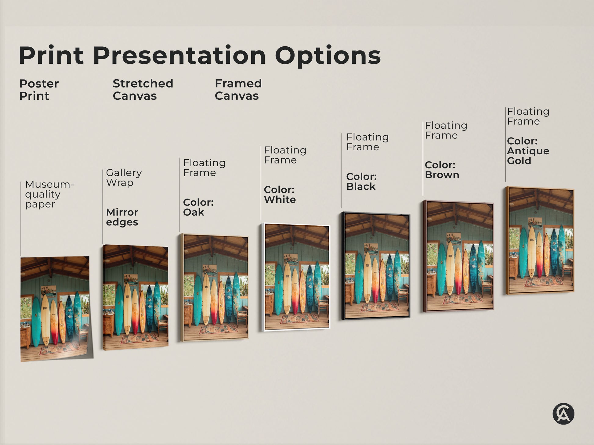 Explore print presentation options for surfboard beach house artwork. Choose from poster prints on museum-quality paper. Consider stretched canvas with gallery wrap and mirror edges. Framed canvas with floating frames available in colors white black brown and antique gold.