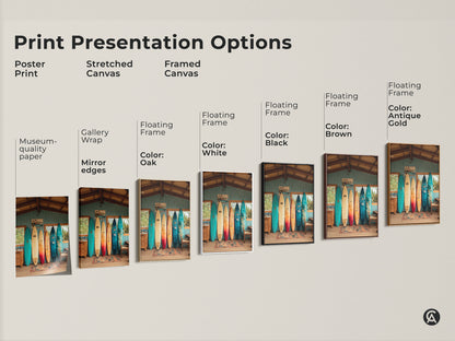 Explore print presentation options for surfboard beach house artwork. Choose from poster prints on museum-quality paper. Consider stretched canvas with gallery wrap and mirror edges. Framed canvas with floating frames available in colors white black brown and antique gold.