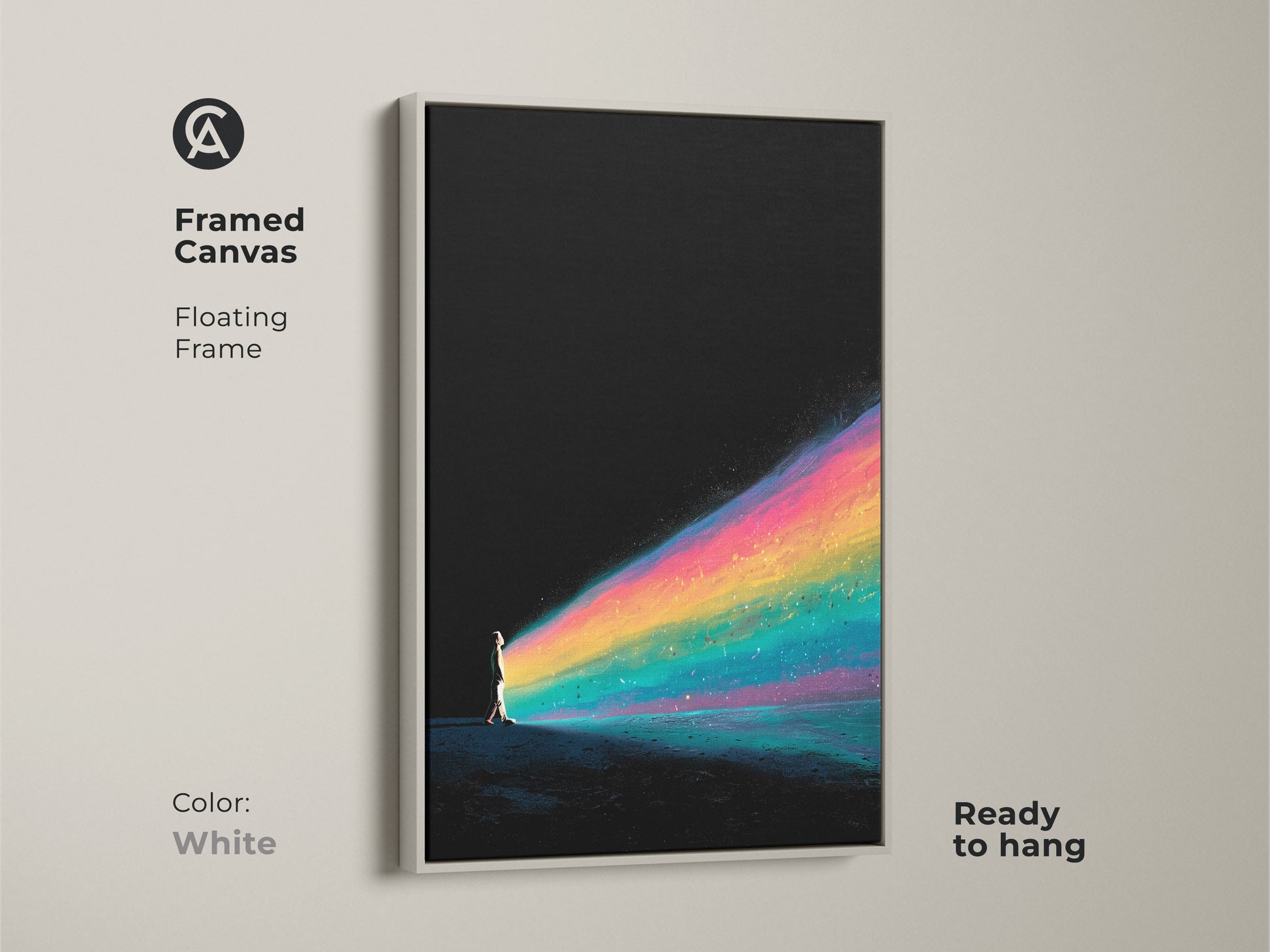 Elevate your wall decor with this framed canvas art. The fantasy artwork shows a person walking towards a vibrant rainbow trail. The floating frame in white enhances the modern feel. This black teal abstract art is ready to hang and is a great housewarming gift.