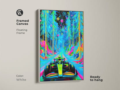 This framed canvas adds style to any wall. The Formula 1 car speeds through an abstract neon forest. Its white floating frame offers a clean and modern look. Ready to hang the artwork delivers vibrant color and exciting motion.