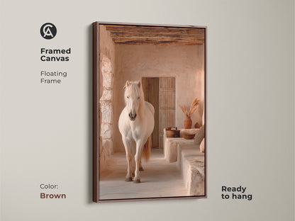 Brown framed canvas featuring a cream tan beige horse. This rustic horse canvas print is ready to hang. The floating frame complements the boho home decor art. Perfect for equestrian wall decor and nature-inspired interiors. A stunning housewarming gift.