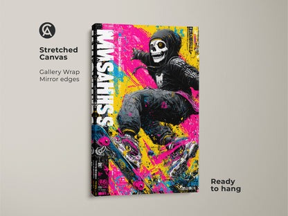 Stretched canvas art showcasing a skull skateboarder. Gallery wrapped with mirror edges this artwork is ready to hang. Its colorful urban scene brings a modern touch to your decor. Ideal for adding a cool vibe to any room. The artwork is a striking focal point.
